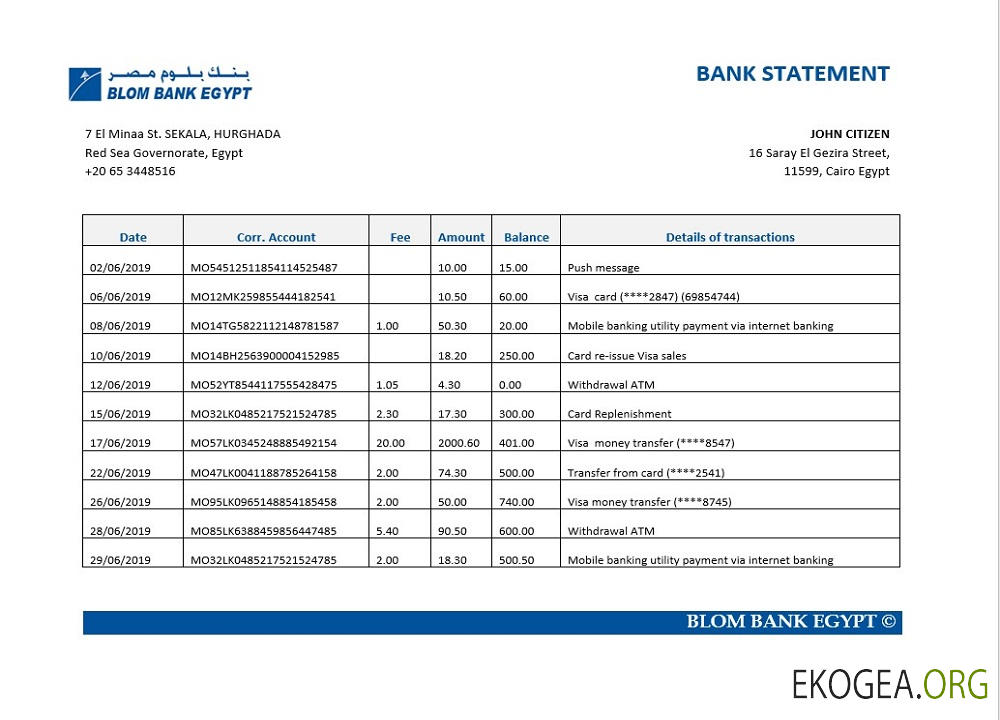 Relevé de la banque égyptienne Blom